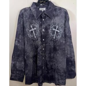 Y2K Eighty Eight Cross Embroidered Graphic Button Shirt Men's XXL Long Sleeve